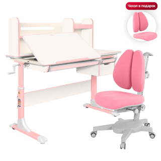 Комплект Anatomica Genius парта + кресло + надстройка + выдвижной ящик + подставка для книг белый/розовый с розовым креслом Armata Duos